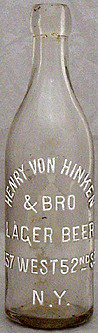 HENRY VON HINKEN & BROTHER LAGER BEER EMBOSSED BEER BOTTLE