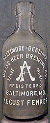 BALTIMORE-BERLINER WEISS BEER BREWING COMPANY EMBOSSED BEER BOTTLE