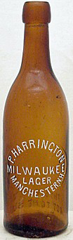 P. HARRINGTON MILWAUKEE LAGER EMBOSSED BEER BOTTLE