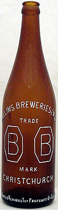 BALLINS BREWERIES (NZ) LIMITED EMBOSSED BEER BOTTLE