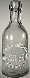 DAVID H. LINDAMAN WEISS BEER EMBOSSED BEER BOTTLE