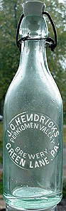 J.O. HENDRICKS PERKIOMEN VALLEY BREWERY EMBOSSED BEER BOTTLE