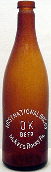 FIRST NATIONAL BREWING COMPANY EMBOSSED BEER BOTTLE